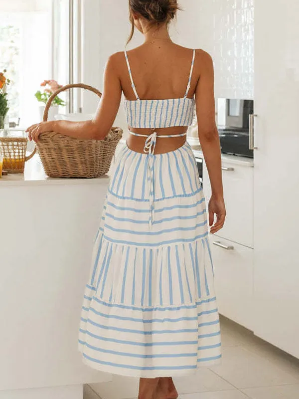 Waist-Baring Lace-Up Stripes Maxi Dress