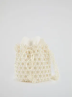 White Pearl Embellished Bucket Bag
