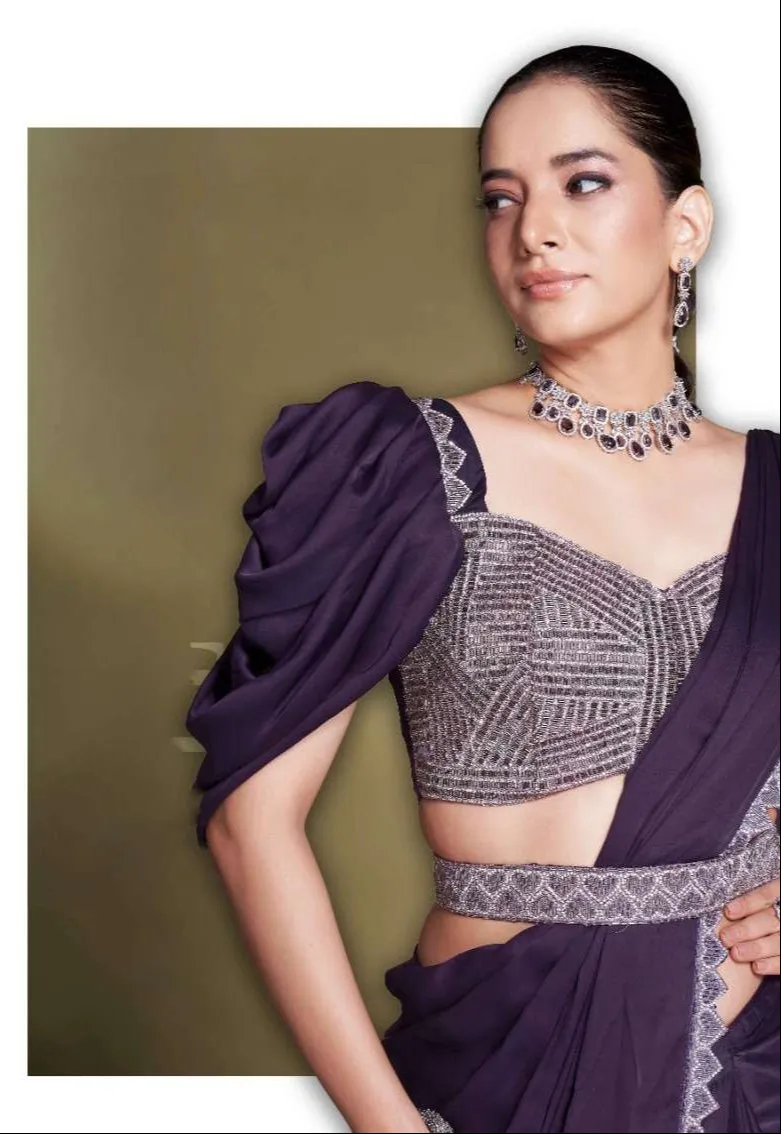 Wine Pre-Draped Crepe Satin Silk Saree