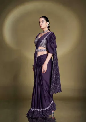 Wine Pre-Draped Crepe Satin Silk Saree
