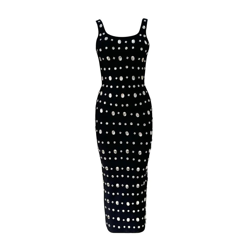 Women Sling U Neck Sleeveless Beaded Party Formal Dress