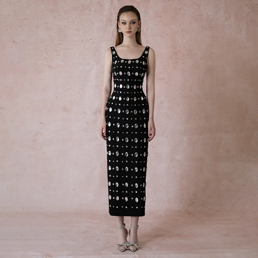 Women Sling U Neck Sleeveless Beaded Party Formal Dress