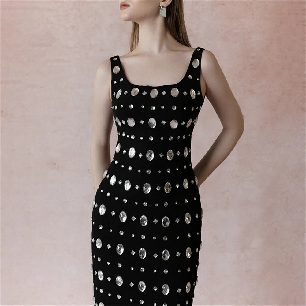 Women Sling U Neck Sleeveless Beaded Party Formal Dress