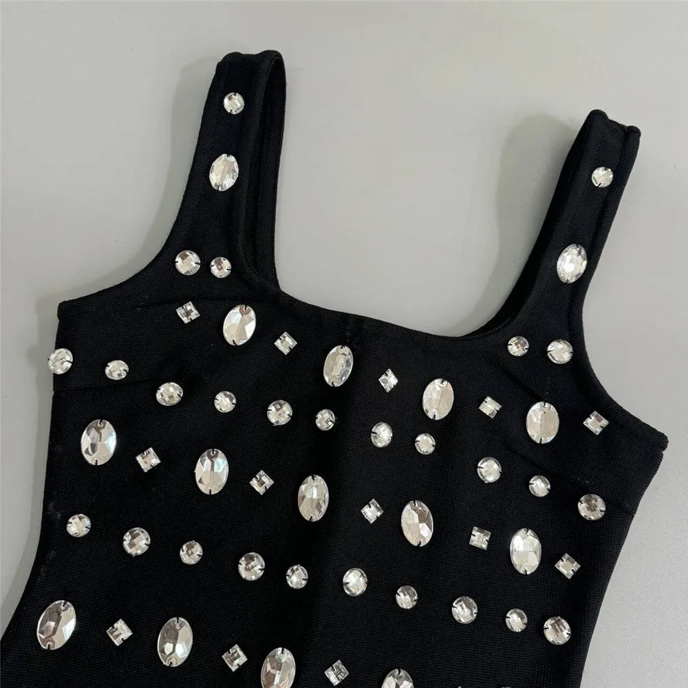 Women Sling U Neck Sleeveless Beaded Party Formal Dress