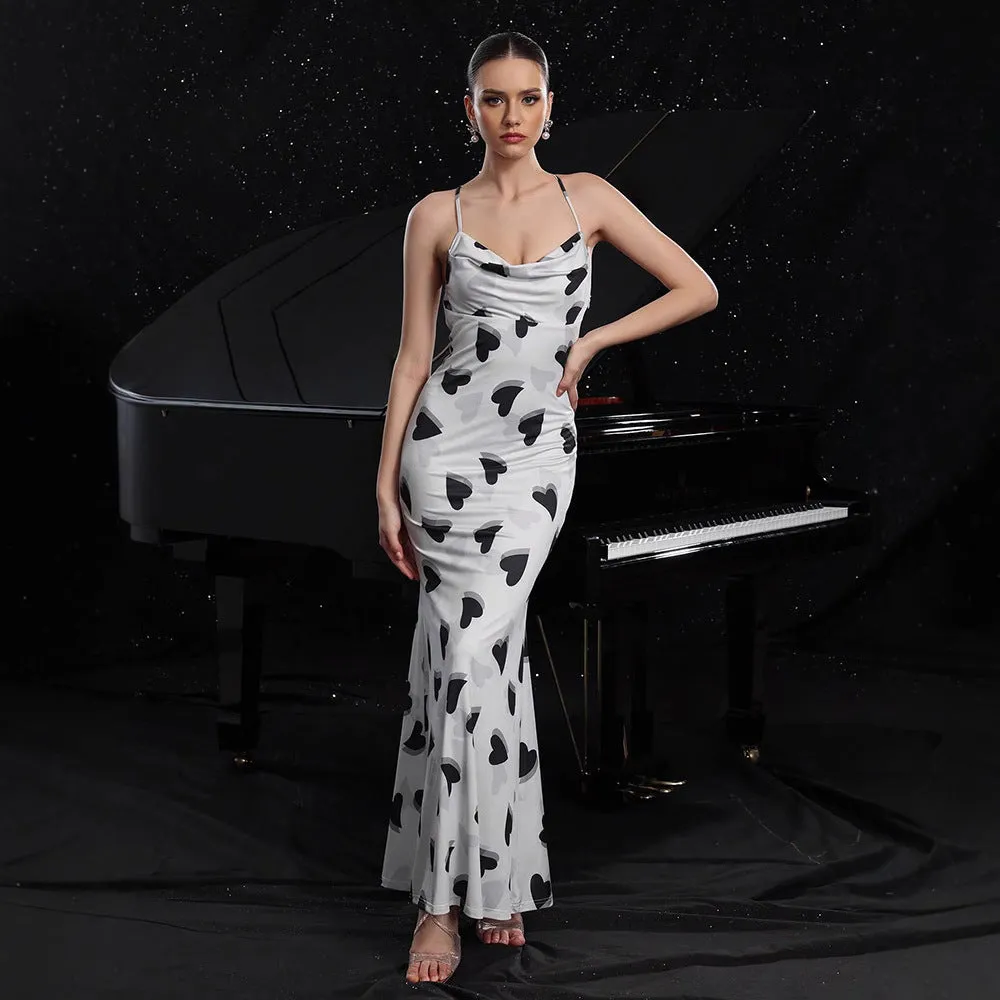 Women Wear Sexy Sling Heart Printing Backless Dress