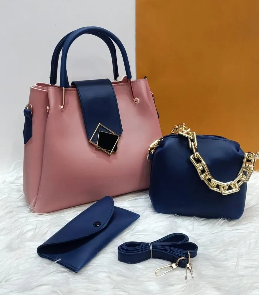 Women's PU Leather Textured Top Handle Shoulder Bag, Pack Of 3