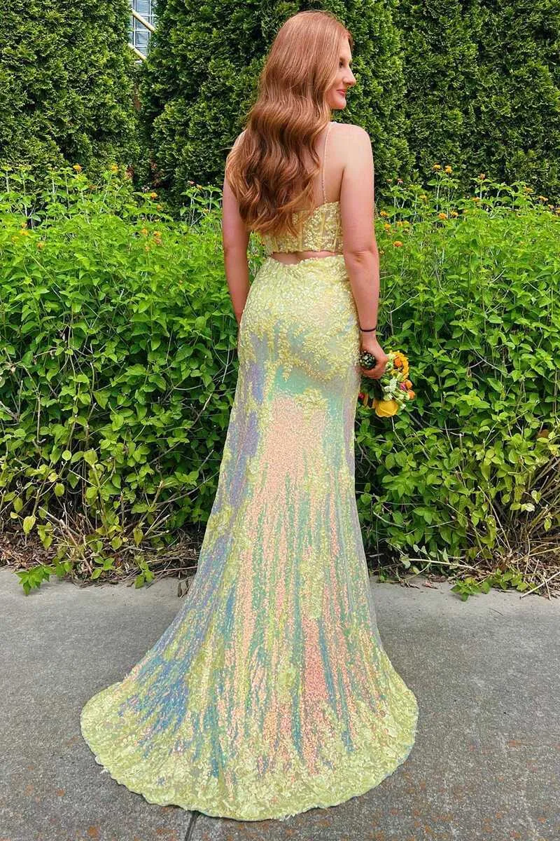 Yellow Sequins Plunge Neck Long Prom Dress with Slit Evening Party Dress OK1533